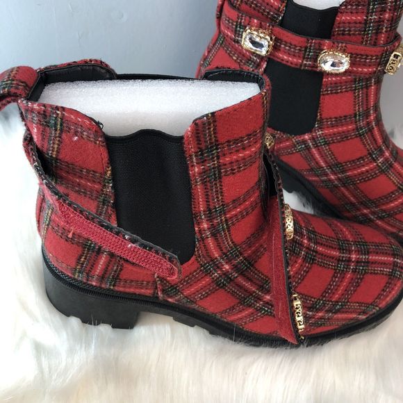 SUGAR-Favorite Red Black Plaid Rhinestone Chunky Heel Chelsea Ankle Boot - Picture 12 of 16